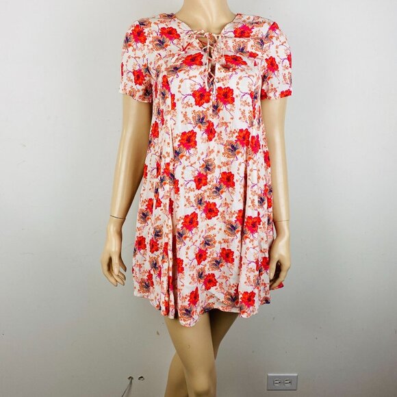 Astr The Label Pink Orange Floral A-Line Women's Size S Lace Up Neckline Dress - Picture 2 of 8